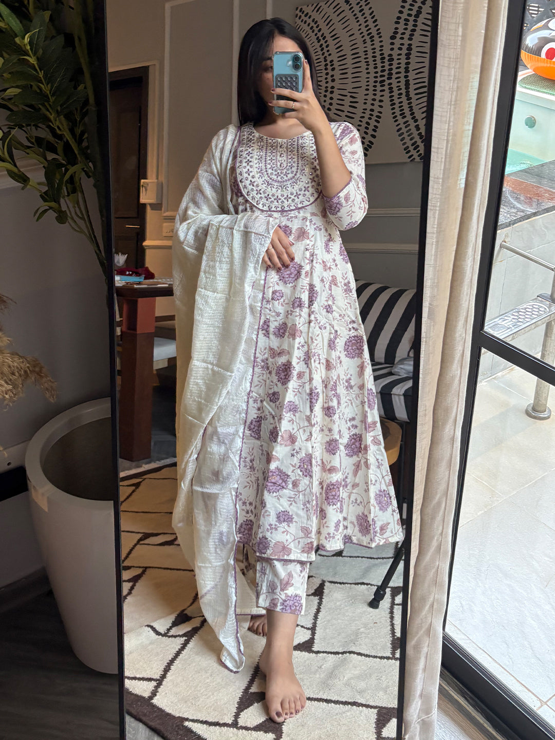 Off White Pure Cotton Floral Printed Yoke Embroidered Anarkali Kurta Set