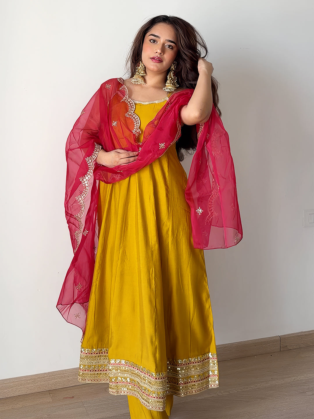 Janasya Women's Mustard Chanderi Silk Embellished Anarkali Kurta Set