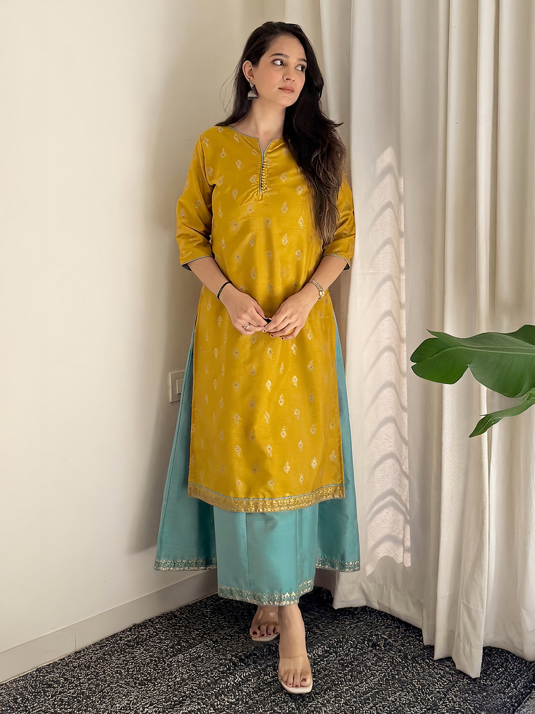 Janasya Women's Mustard Silk Blend Foil Printed Anarkali Ethnic Dress