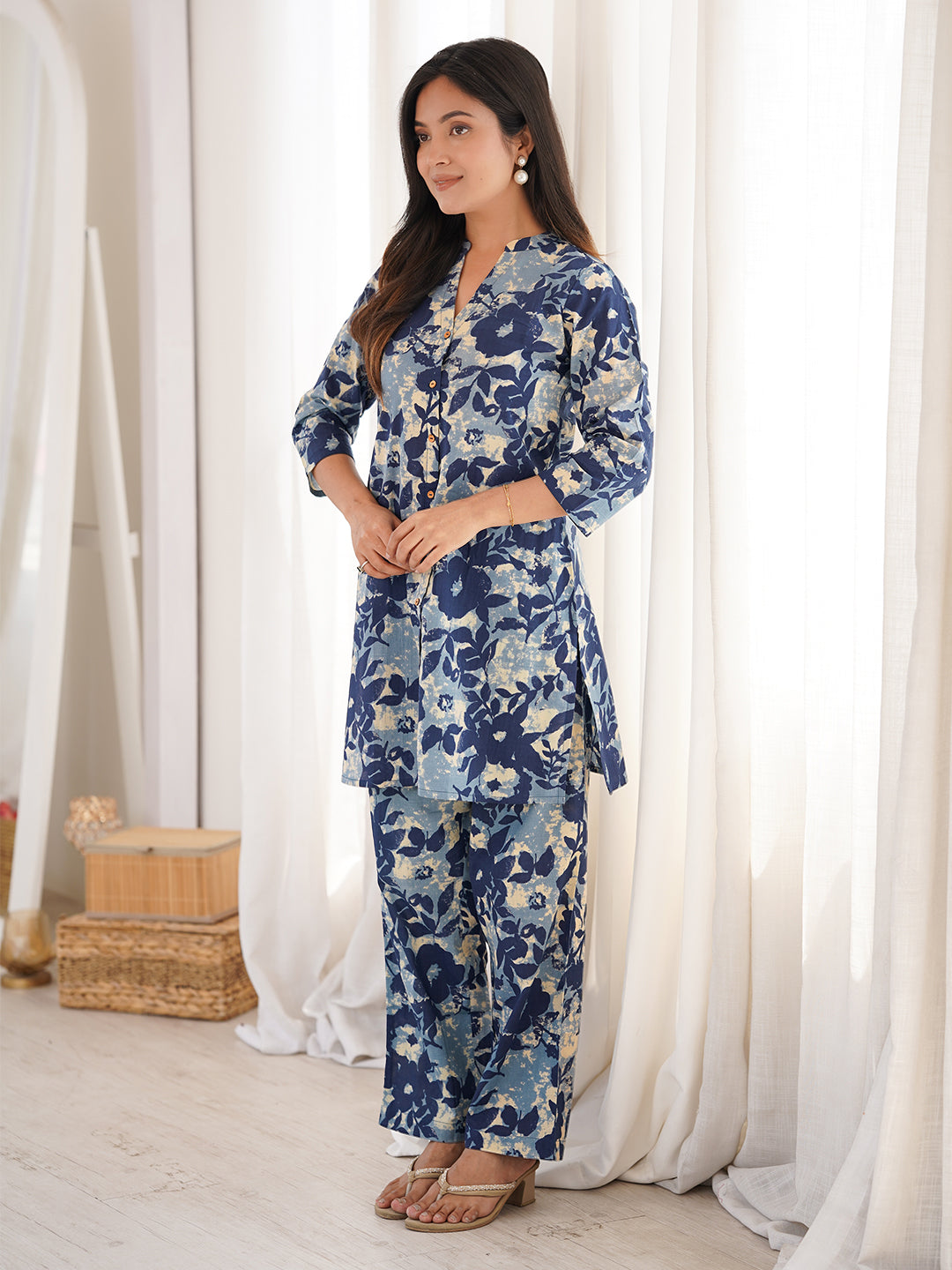 Indigo Cotton Floral Regular Co-ord Set
