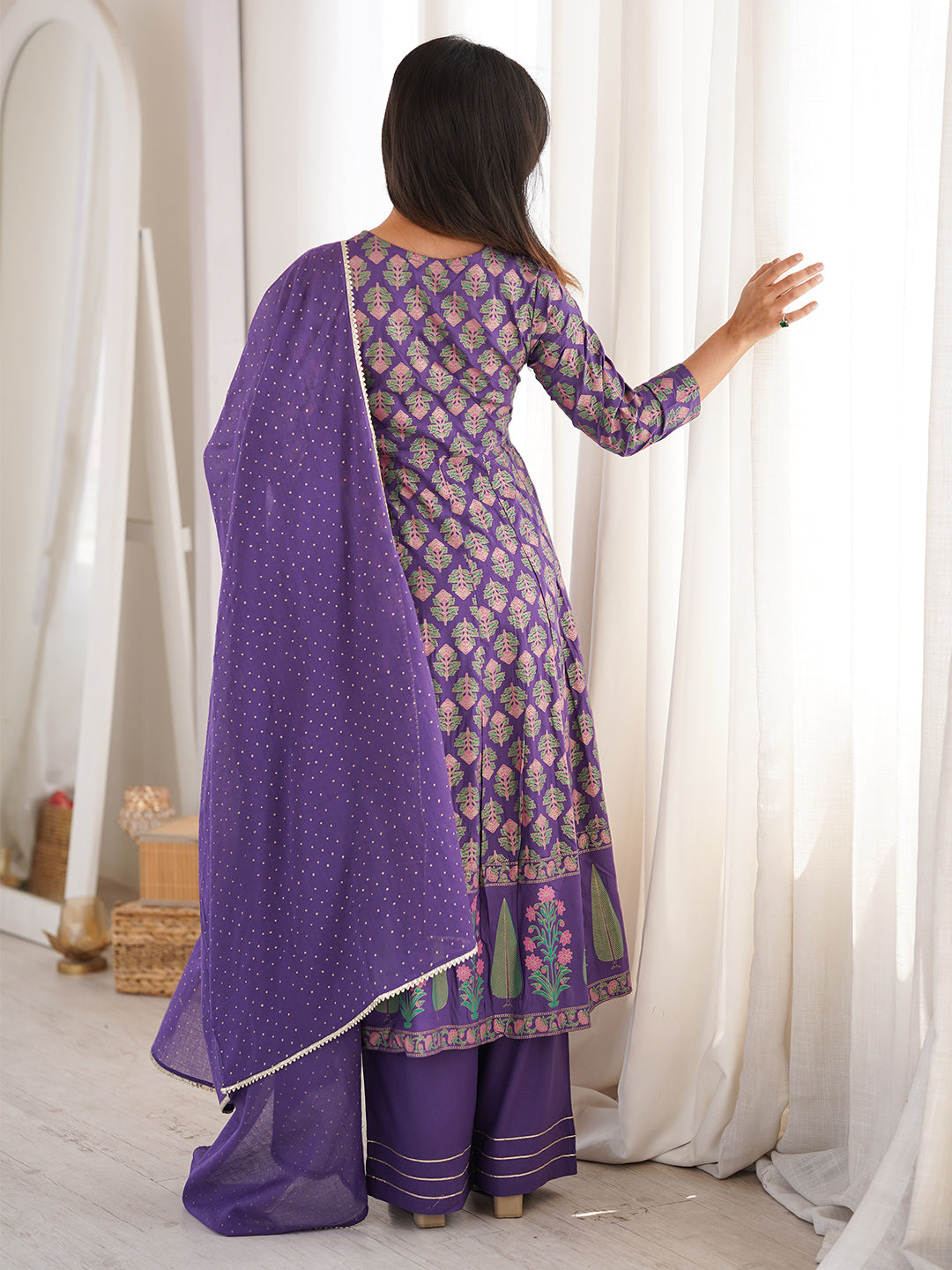 Janasya Women's Purple Rayon Ethnic Motifs Gold Printed Anarkali Kurta Set