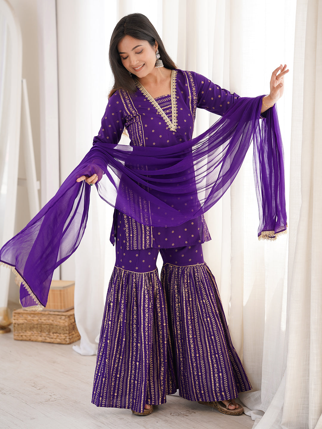 Janasya Women's Purple Rayon Gold Printed Short Kurti With Sharara & Dupatta Set
