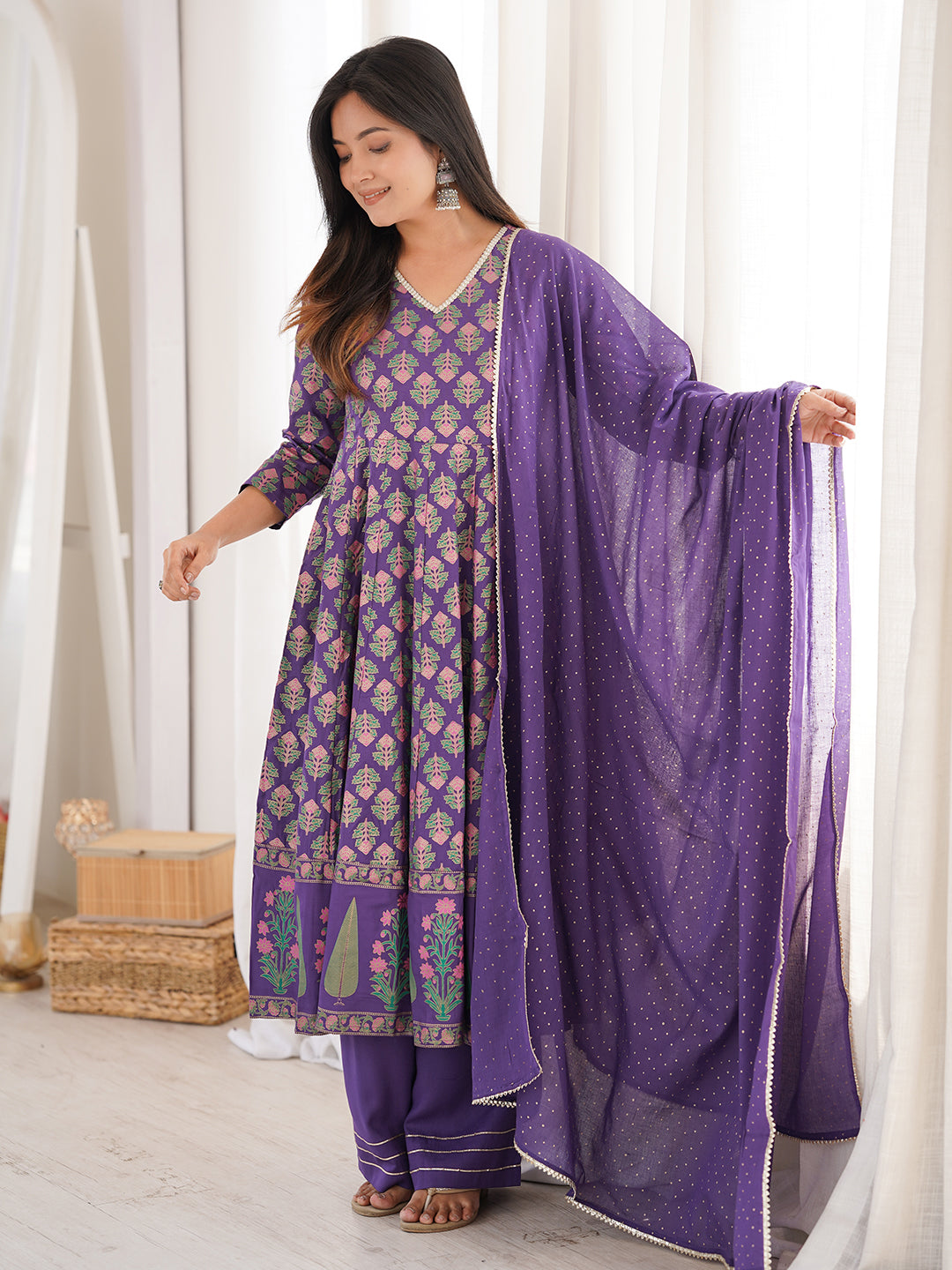 Janasya Women's Purple Rayon Ethnic Motifs Gold Printed Anarkali Kurta Set