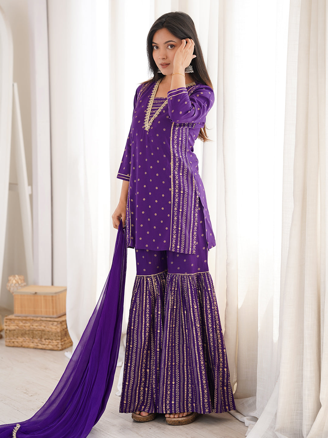 Janasya Women's Purple Rayon Gold Printed Short Kurti With Sharara & Dupatta Set