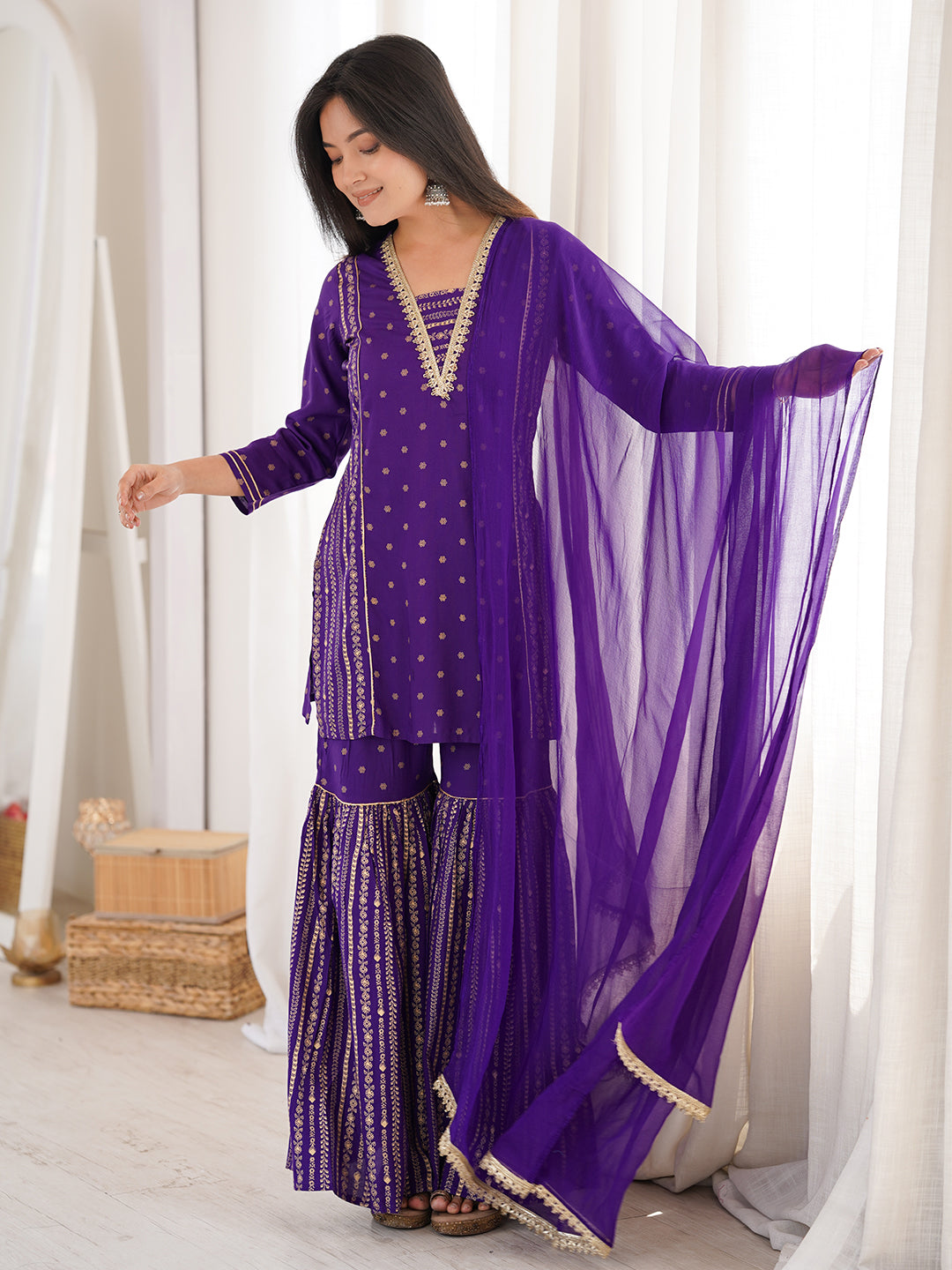 Janasya Women's Purple Rayon Gold Printed Short Kurti With Sharara & Dupatta Set