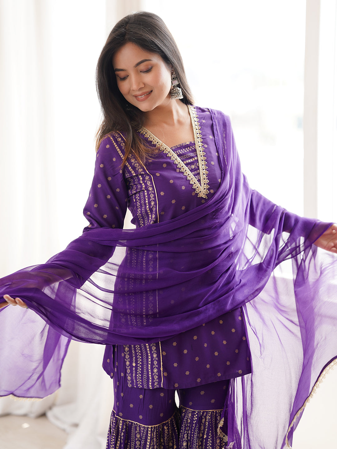 Janasya Women's Purple Rayon Gold Printed Short Kurti With Sharara & Dupatta Set