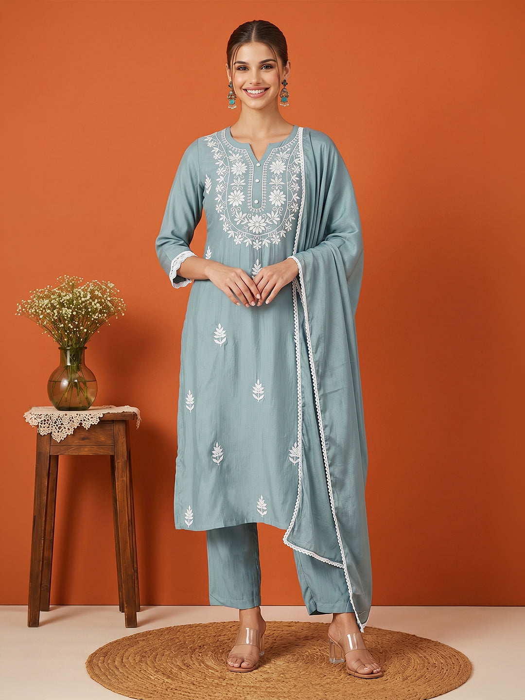 Janasya Women's Powder Blue Silk Blend Embroidered Straight Kurta Set