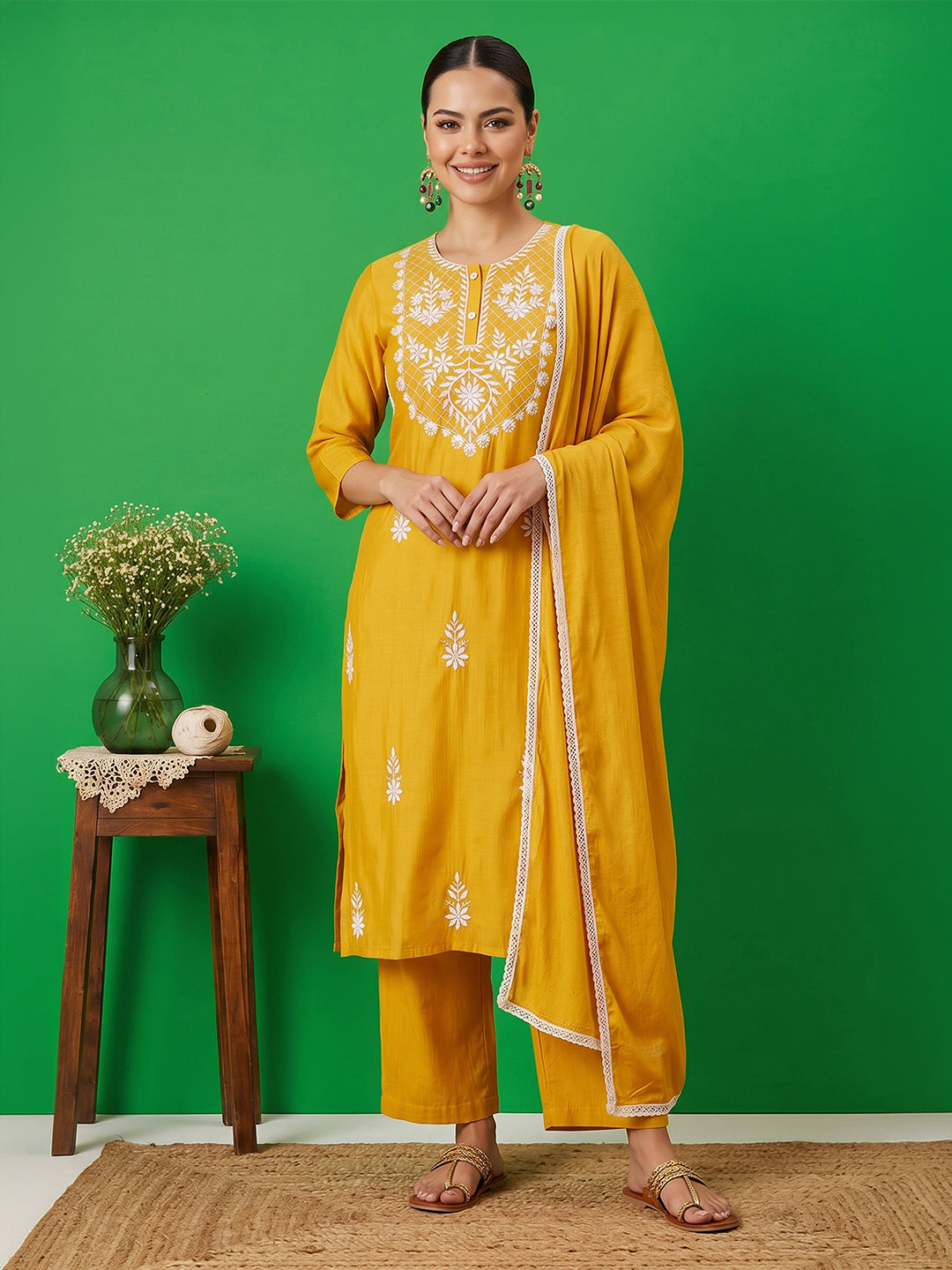 Janasya Women's Mustard Silk Blend Embroidered Straight Kurta Set