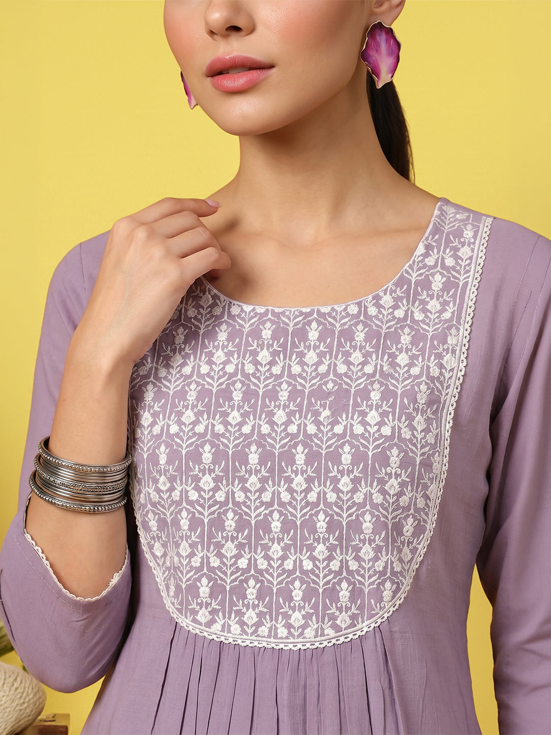 Janasya Women's Lavender Pure Cotton Yoke Embroidered A-Line Kurta