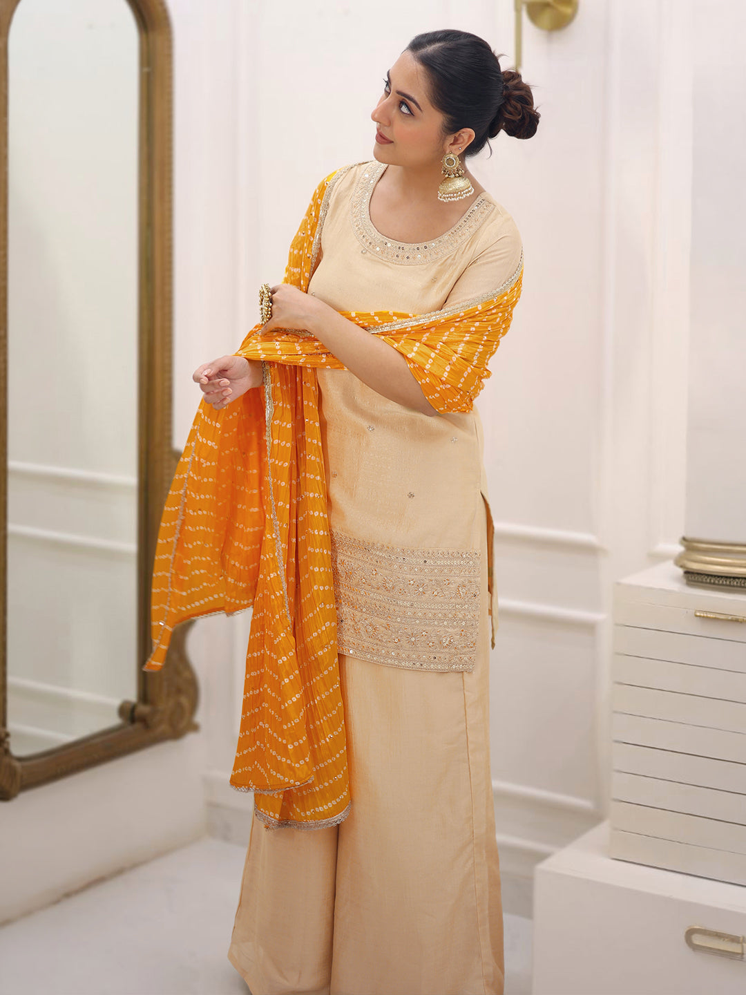 Janasya Women's Beige Silk Blend Embroidered Straight Kurta and Palazzo Set with Bandhani Printed Dupatta
