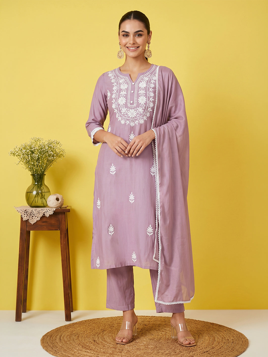 Janasya Women's Lavender Silk Blend Embroidered Straight Kurta Set