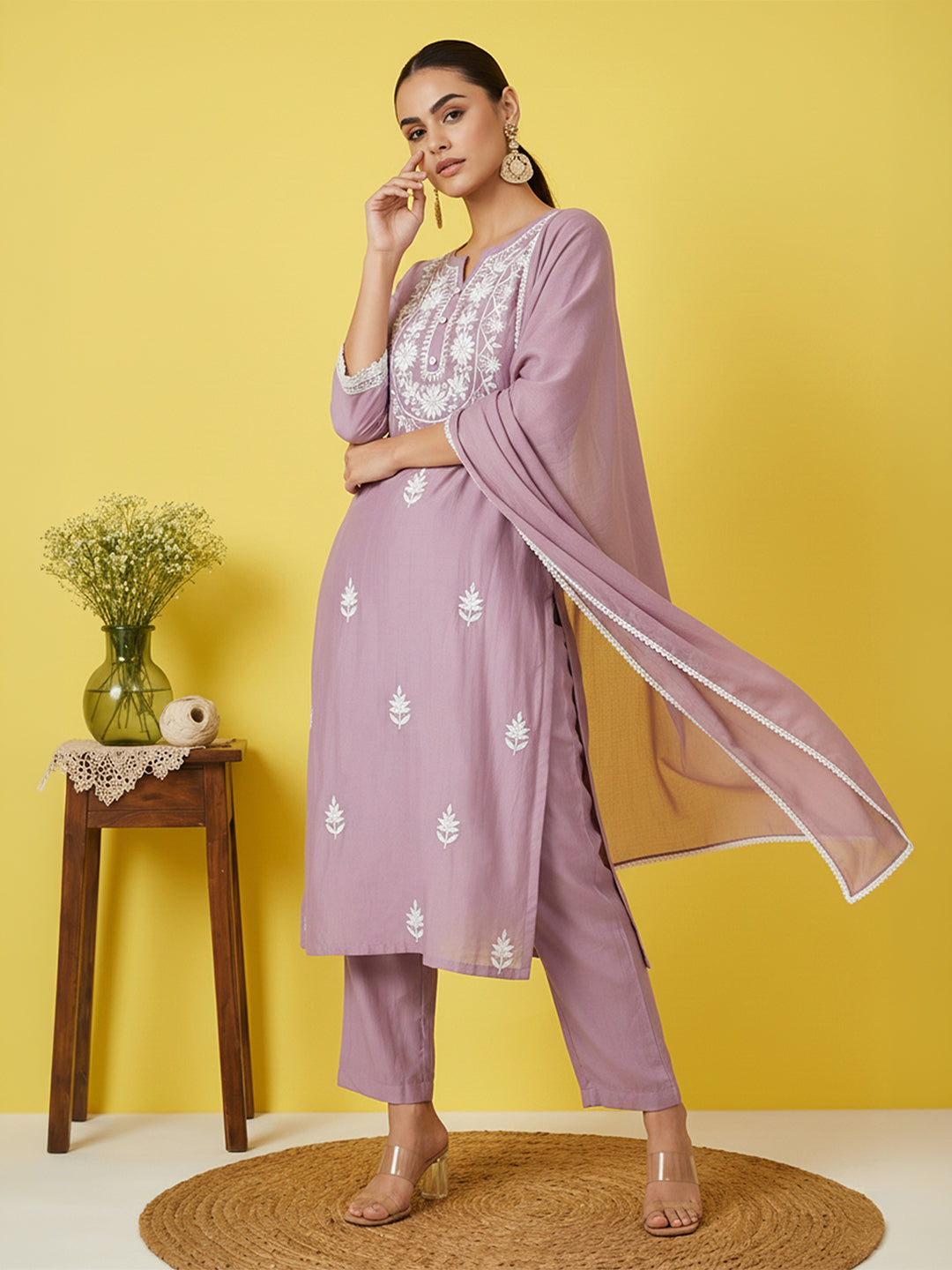 Janasya Women's Lavender Silk Blend Embroidered Straight Kurta Set