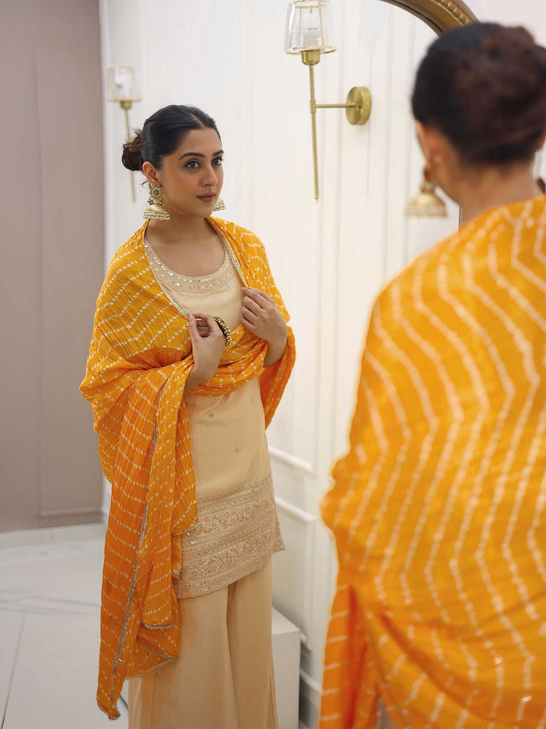 Janasya Women's Beige Silk Blend Embroidered Straight Kurta and Palazzo Set with Bandhani Printed Dupatta