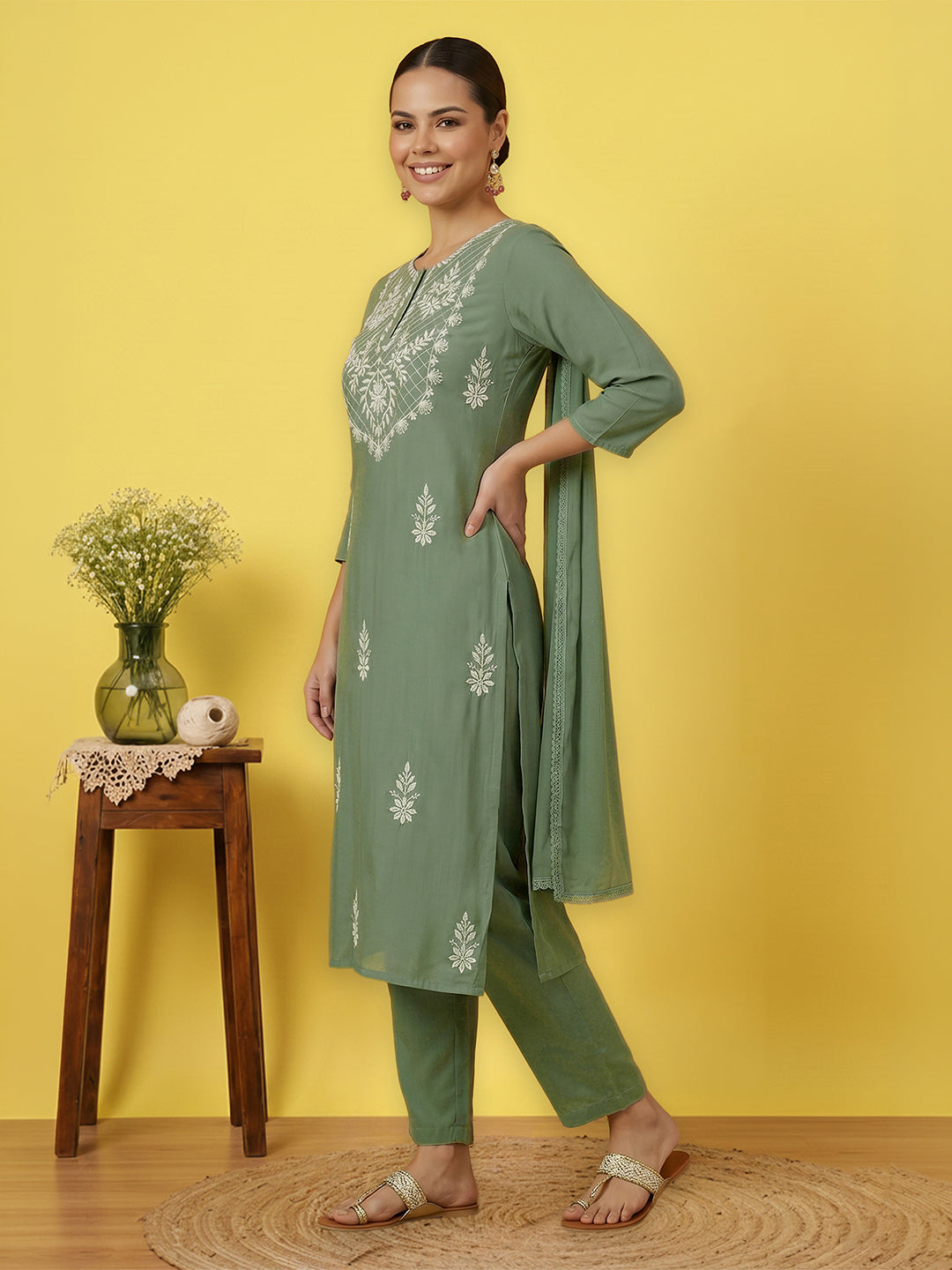 Janasya Women's Sage Green Silk Blend Embroidered Straight Kurta Set