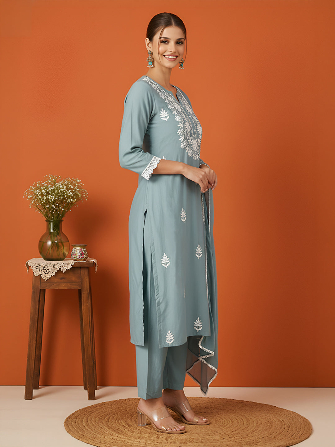 Janasya Women's Powder Blue Silk Blend Embroidered Straight Kurta Set