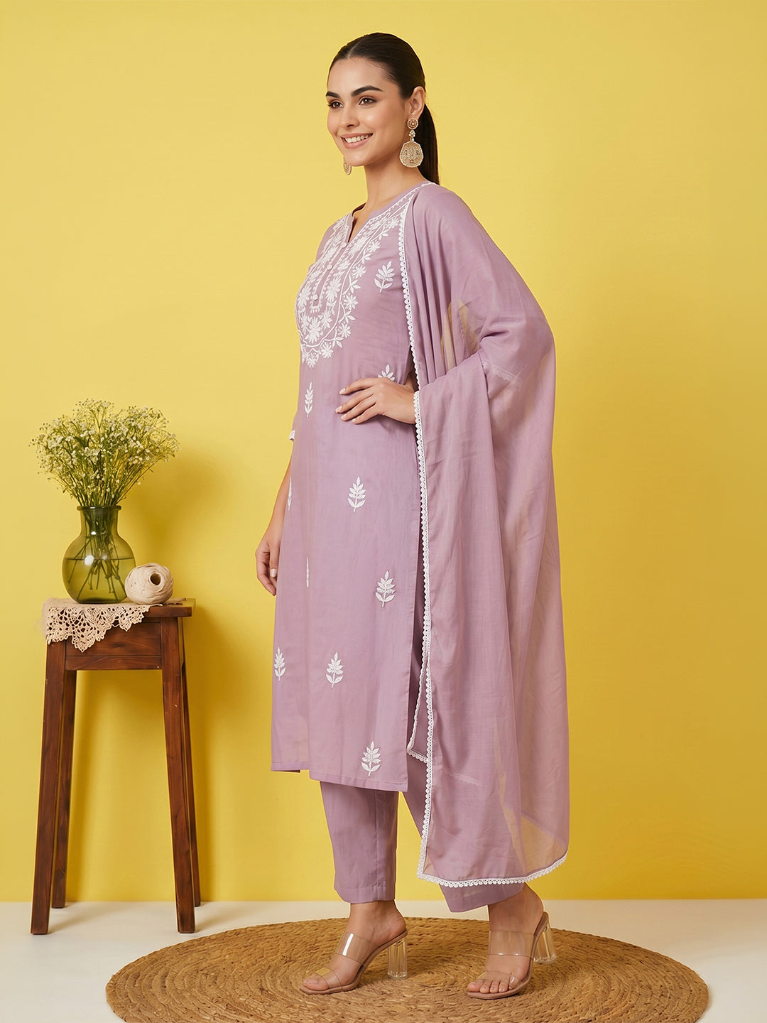 Janasya Women's Lavender Silk Blend Embroidered Straight Kurta Set