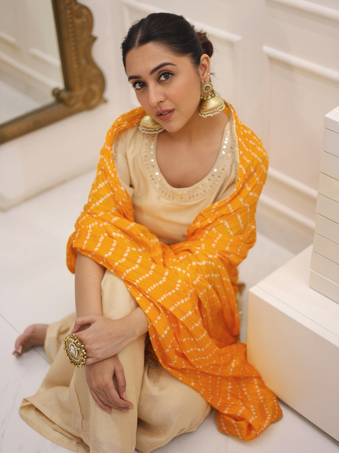 Janasya Women's Beige Silk Blend Embroidered Straight Kurta and Palazzo Set with Bandhani Printed Dupatta