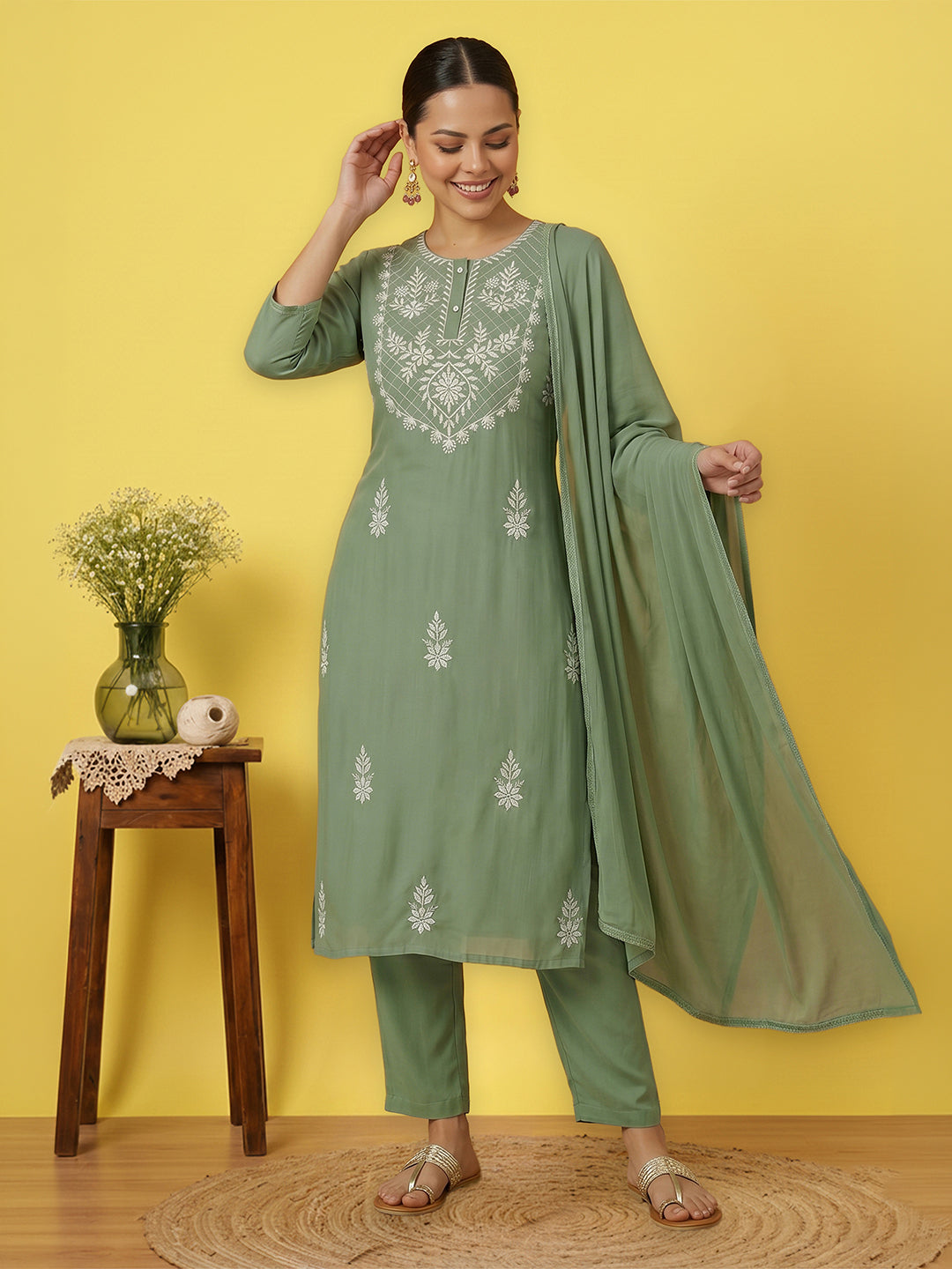 Janasya Women's Sage Green Silk Blend Embroidered Straight Kurta Set