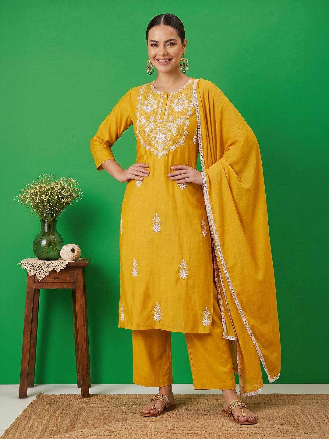 Janasya Women's Mustard Silk Blend Embroidered Straight Kurta Set