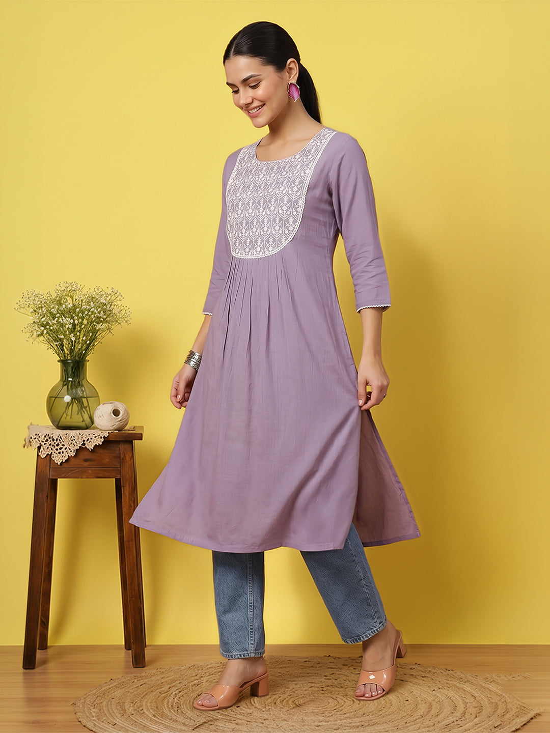 Janasya Women's Lavender Pure Cotton Yoke Embroidered A-Line Kurta