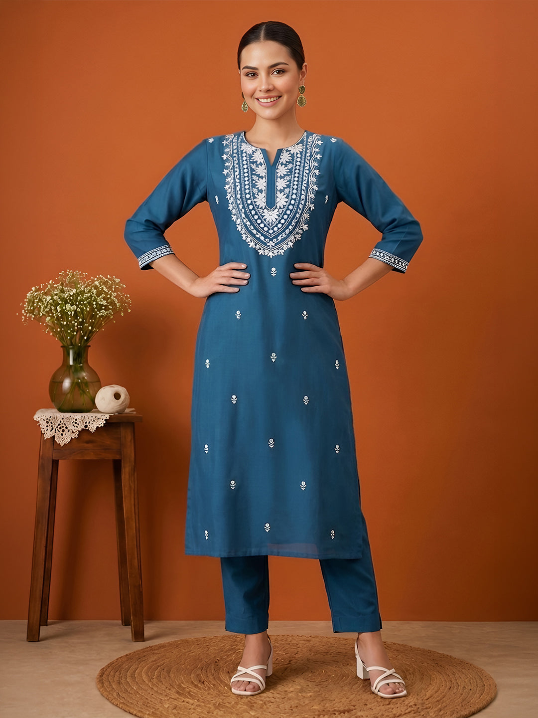 Janasya Women's Teal Blue Silk Blend Embroidered Straight Kurta Set