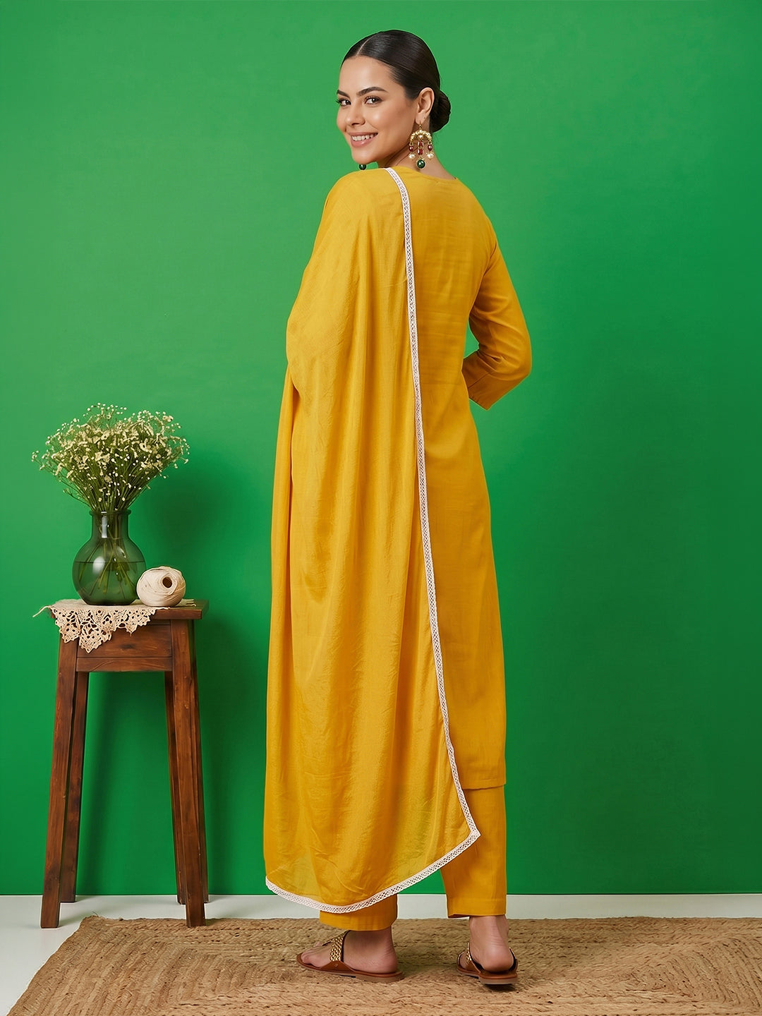 Janasya Women's Mustard Silk Blend Embroidered Straight Kurta Set