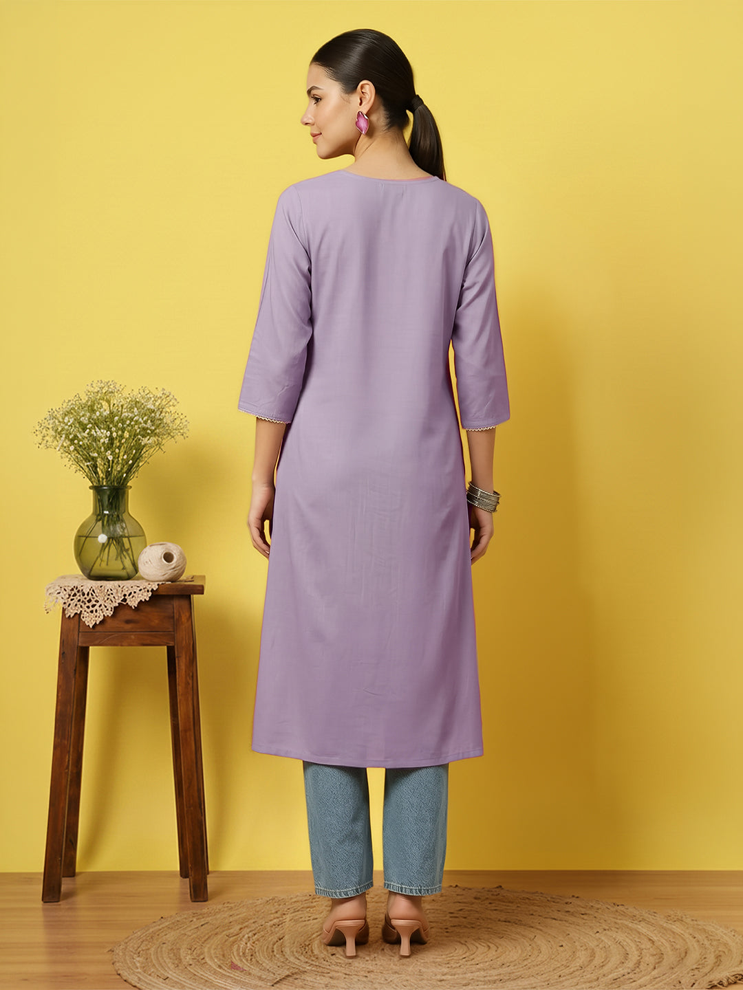 Janasya Women's Lavender Pure Cotton Yoke Embroidered A-Line Kurta