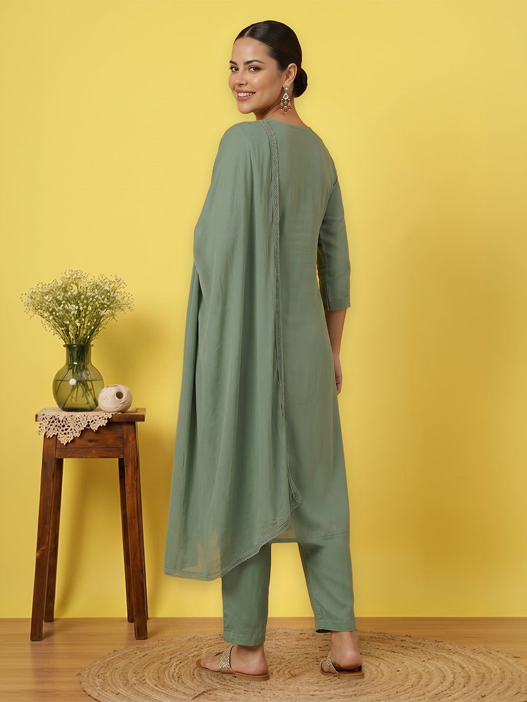 Janasya Women's Sage Green Silk Blend Embroidered Straight Kurta Set