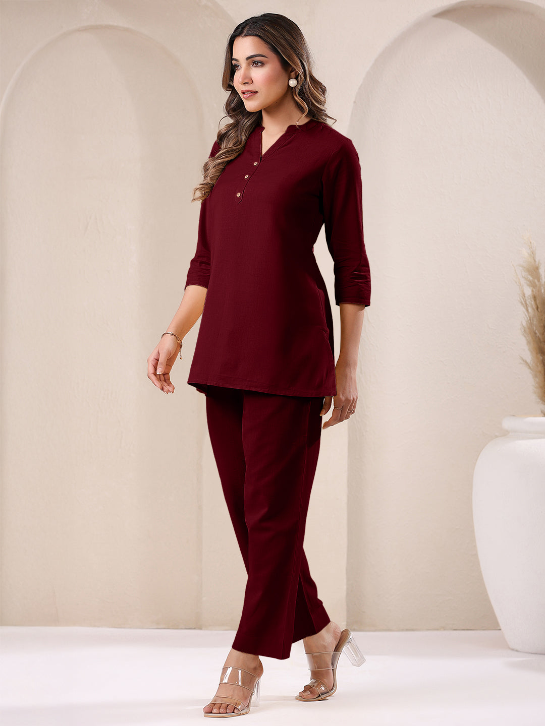 Maroon Cotton Solid A-line & Co-ord Set