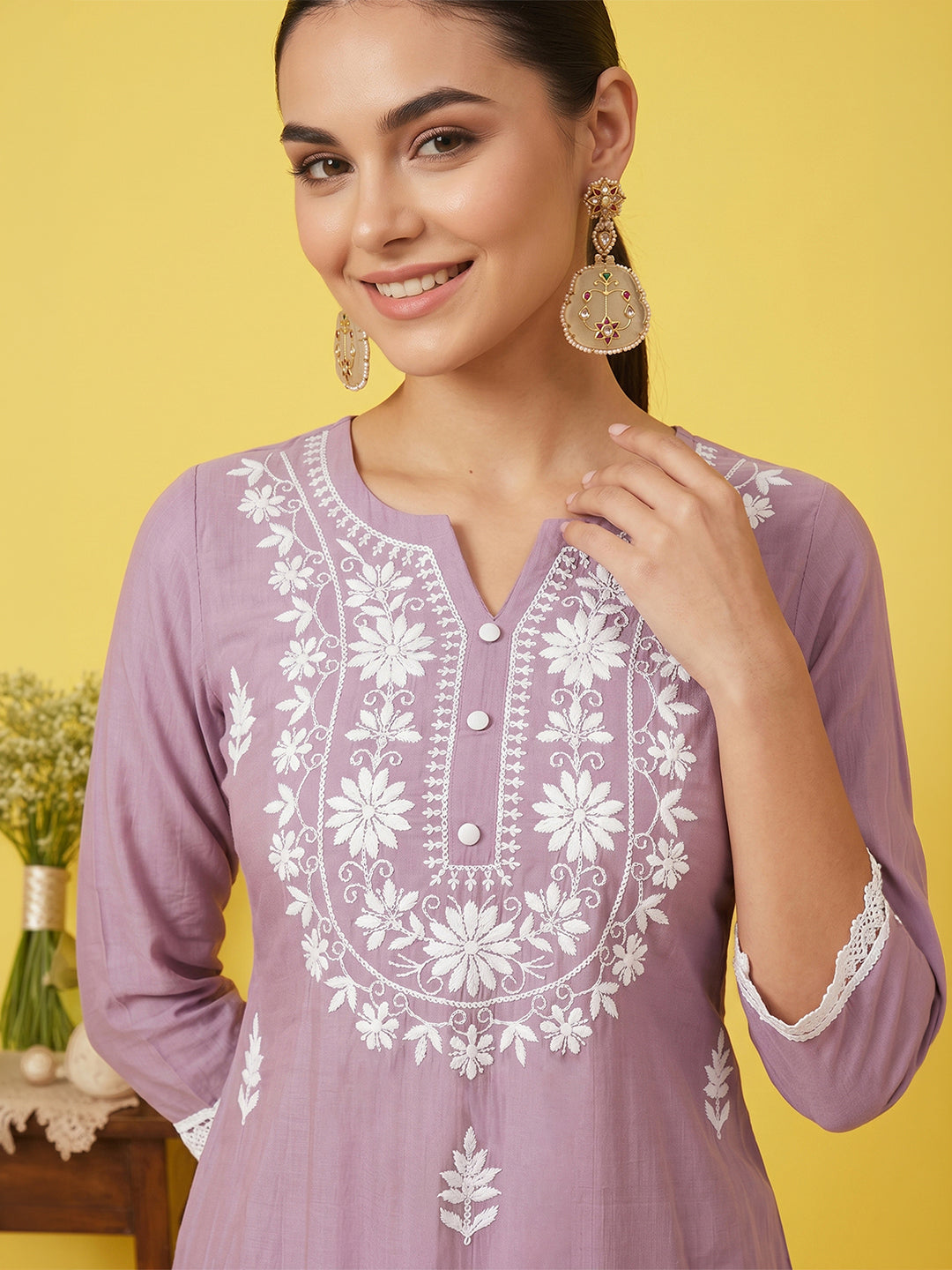 Janasya Women's Lavender Silk Blend Embroidered Straight Kurta Set
