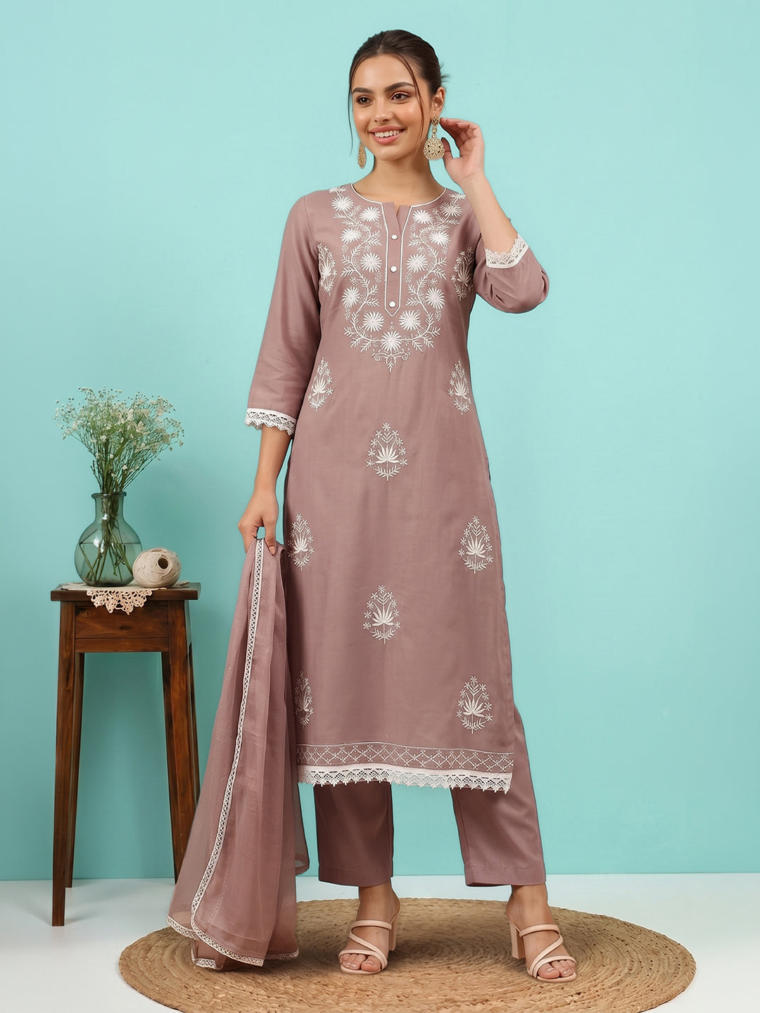 Janasya Women's Brown Silk Blend Embroidered Straight Kurta Set