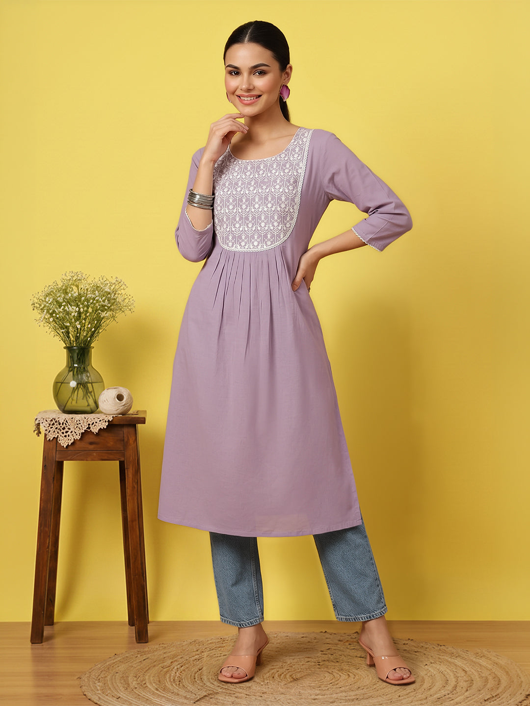 Janasya Women's Lavender Pure Cotton Yoke Embroidered A-Line Kurta