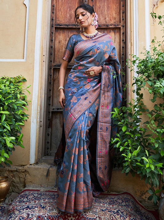 Grey Banarasi Silk Woven Dual Tone Floral Design Saree with Unstitched Blouse Piece Janasya