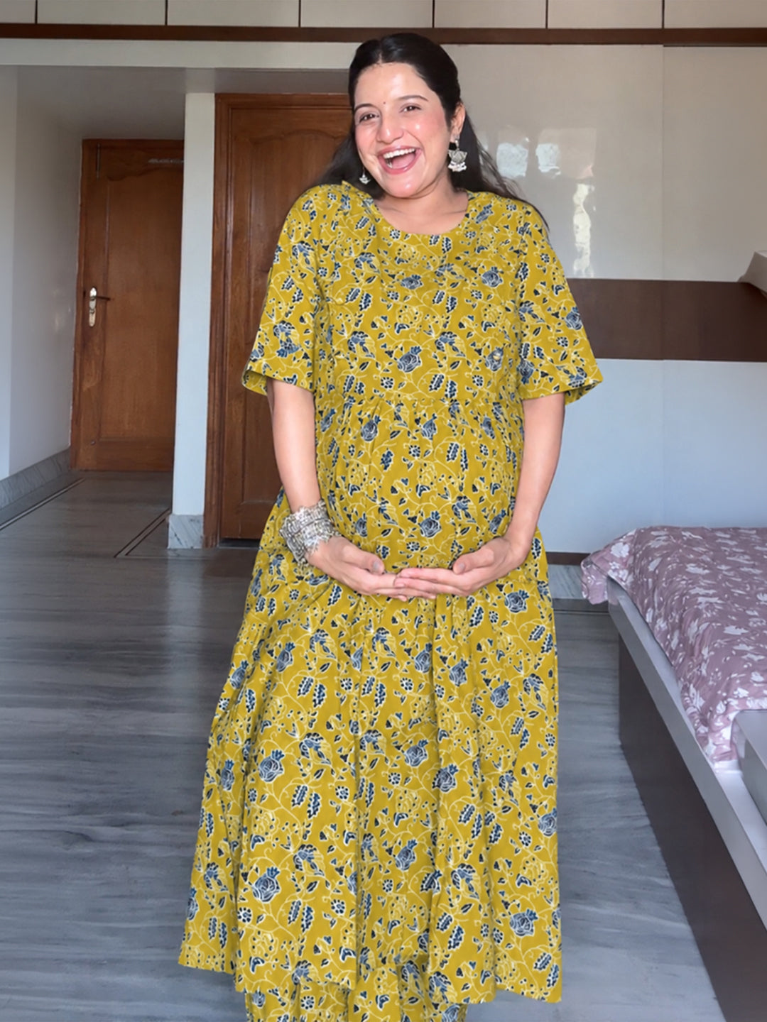 Janasya Women's Maternity Lime Yellow Pure Cotton Floral Printed A-Line Kurta Pant Set