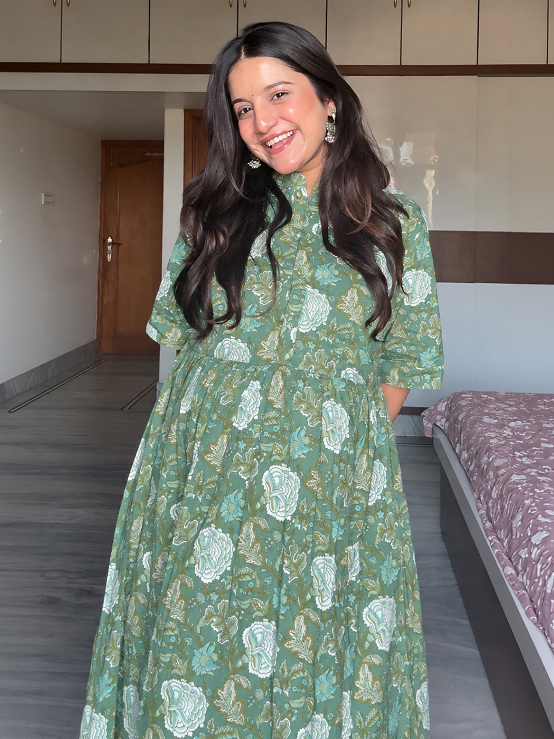 Janasya Women's Maternity Sage Green Pure Cotton Floral Printed A-Line Kurta