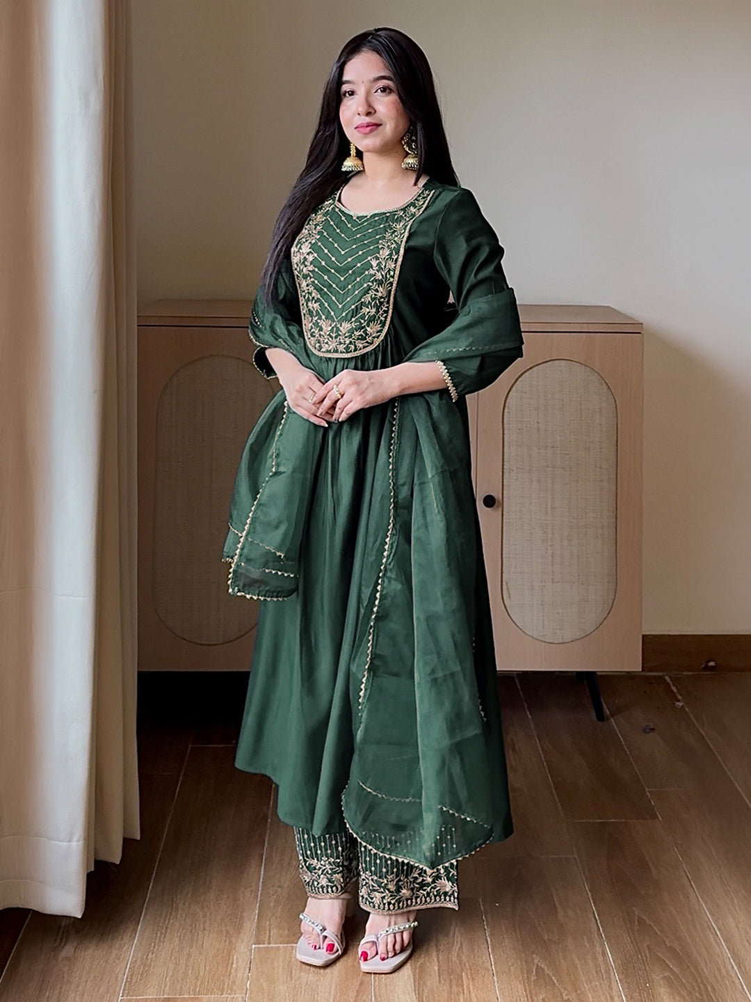 Janasya Women's Bottle Green Chanderi Silk Floral Embroidered A-Line Kurta Set