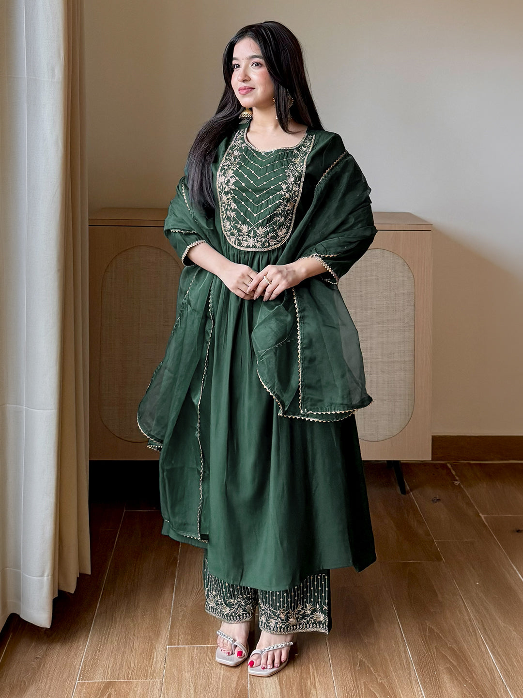 Janasya Women's Bottle Green Chanderi Silk Floral Embroidered A-Line Kurta Set