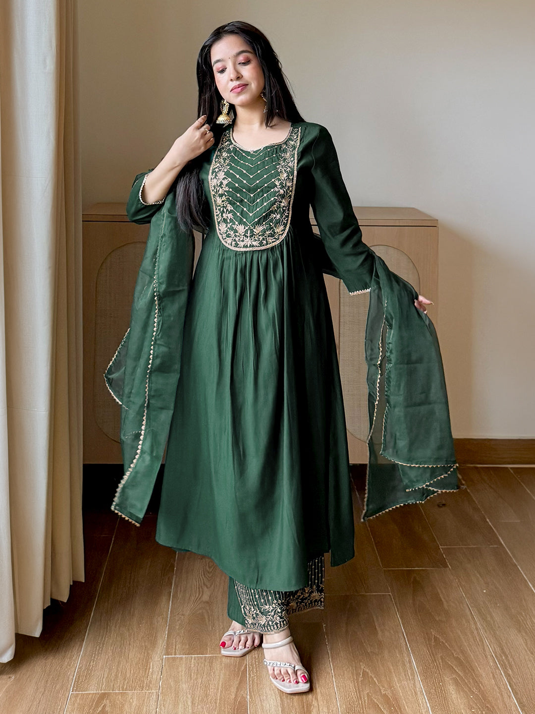 Janasya Women's Bottle Green Chanderi Silk Floral Embroidered A-Line Kurta Set