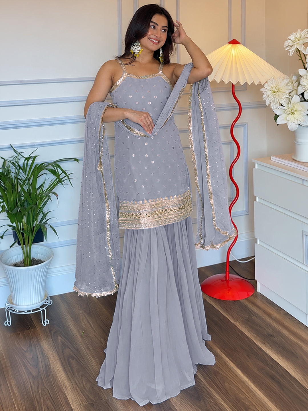 Janasya Women's Grey Blue Georgette Floral Embroidered Gold Foil Printed Straight Kurta with Sharara and Dupatta Set