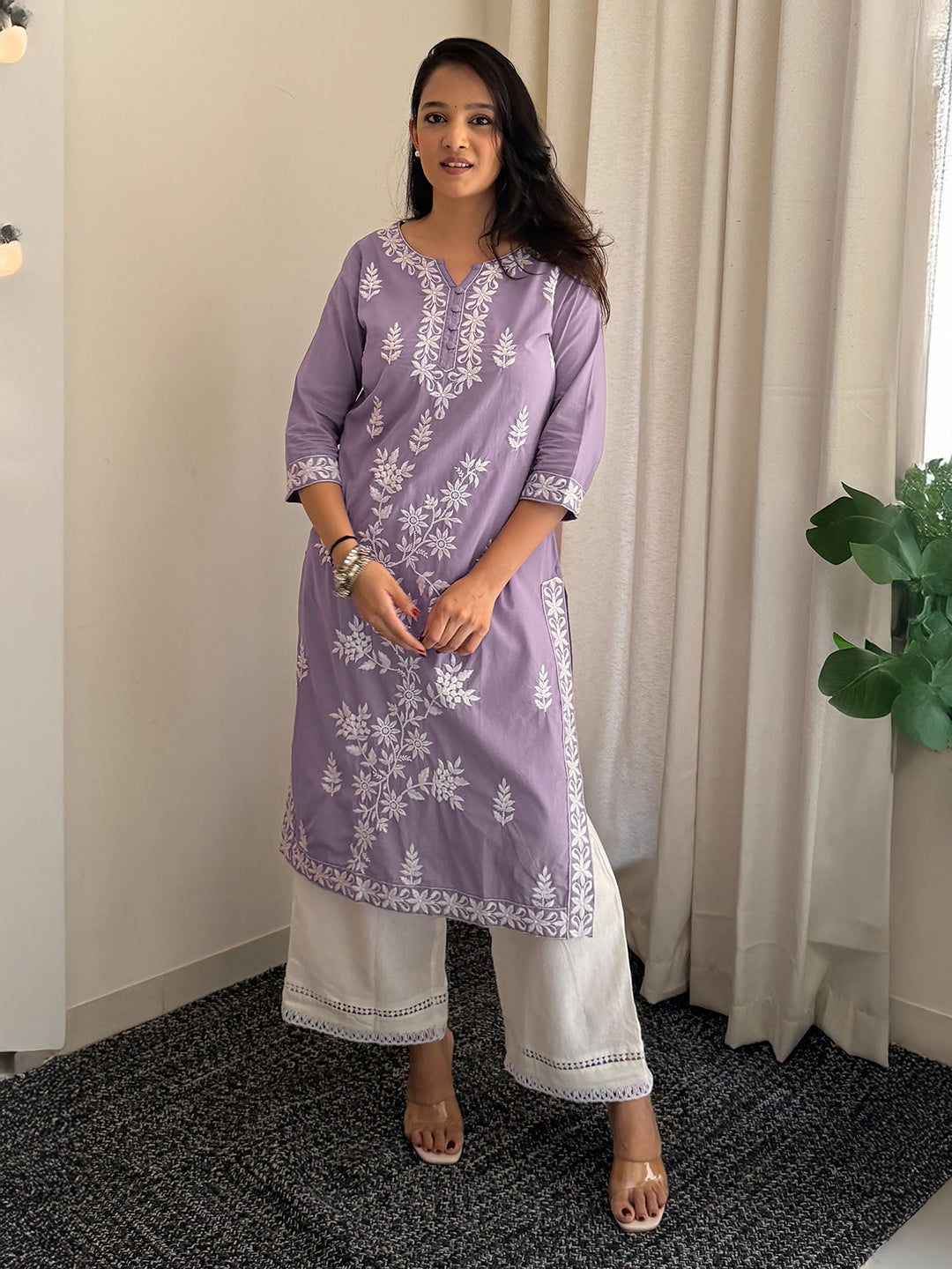 Janasya Women's Light Purple Pure Cotton Embroidered Straight Kurta
