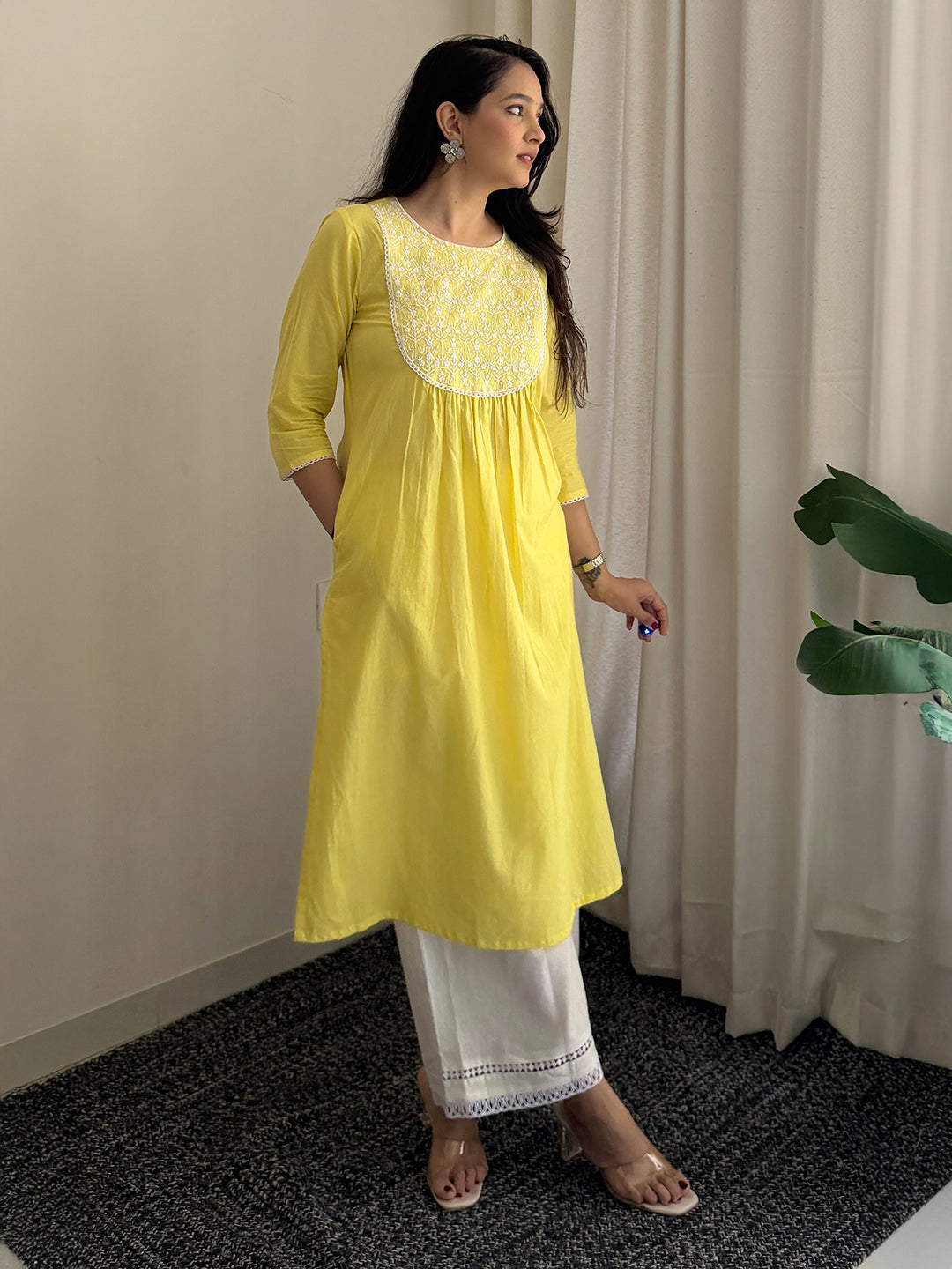 Janasya Women's Yellow Pure Cotton Yoke Embroidered A-Line Kurta