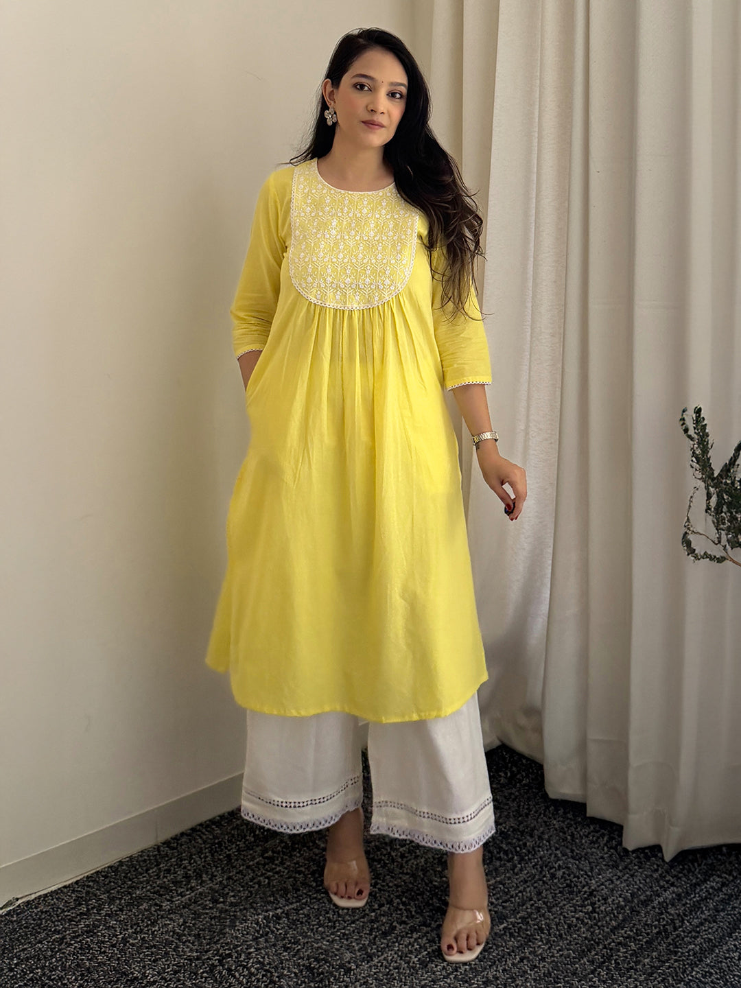 Janasya Women's Yellow Pure Cotton Yoke Embroidered A-Line Kurta