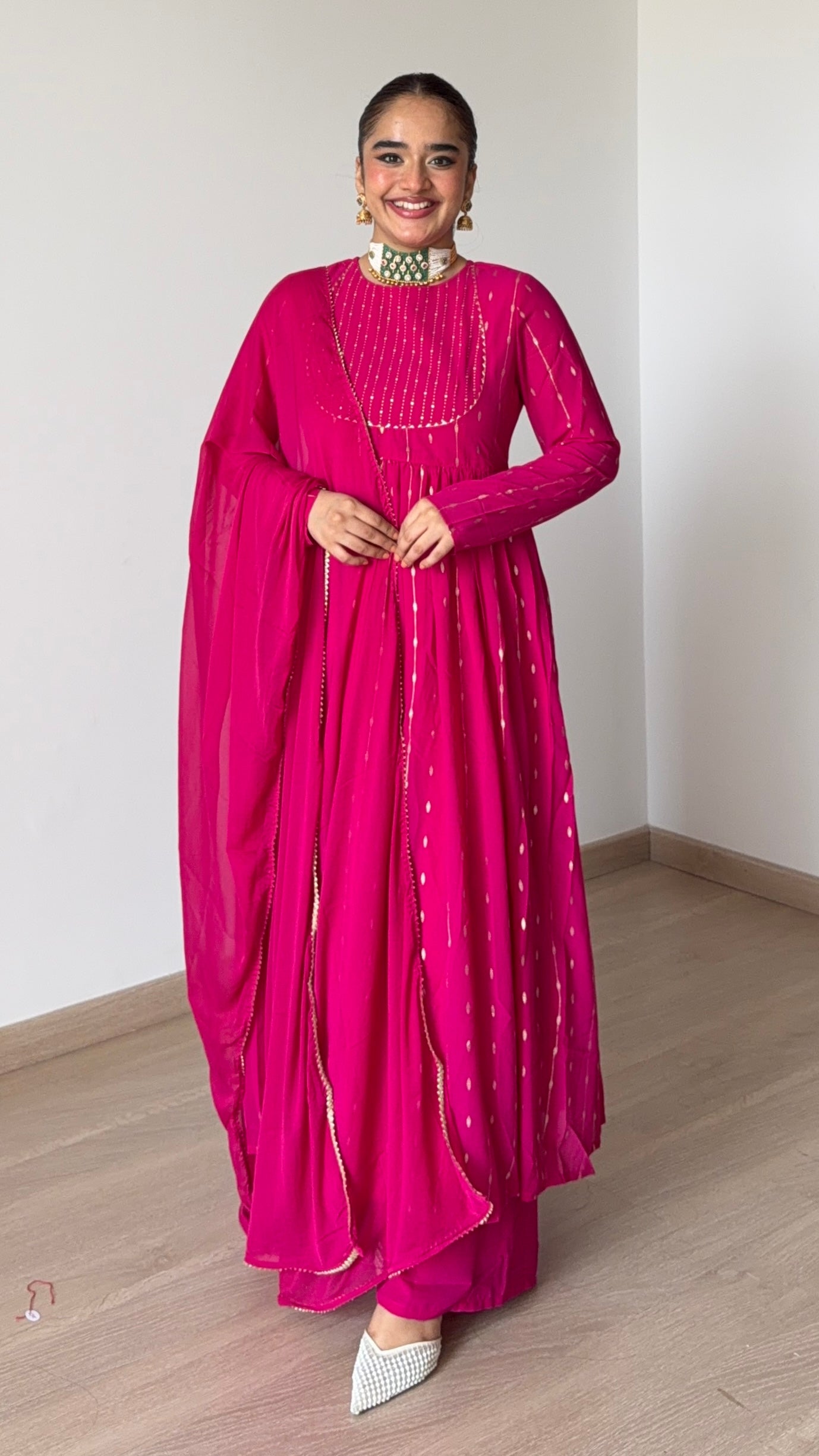 Pink Georgette Foil Printed Anarkali Kurta Set