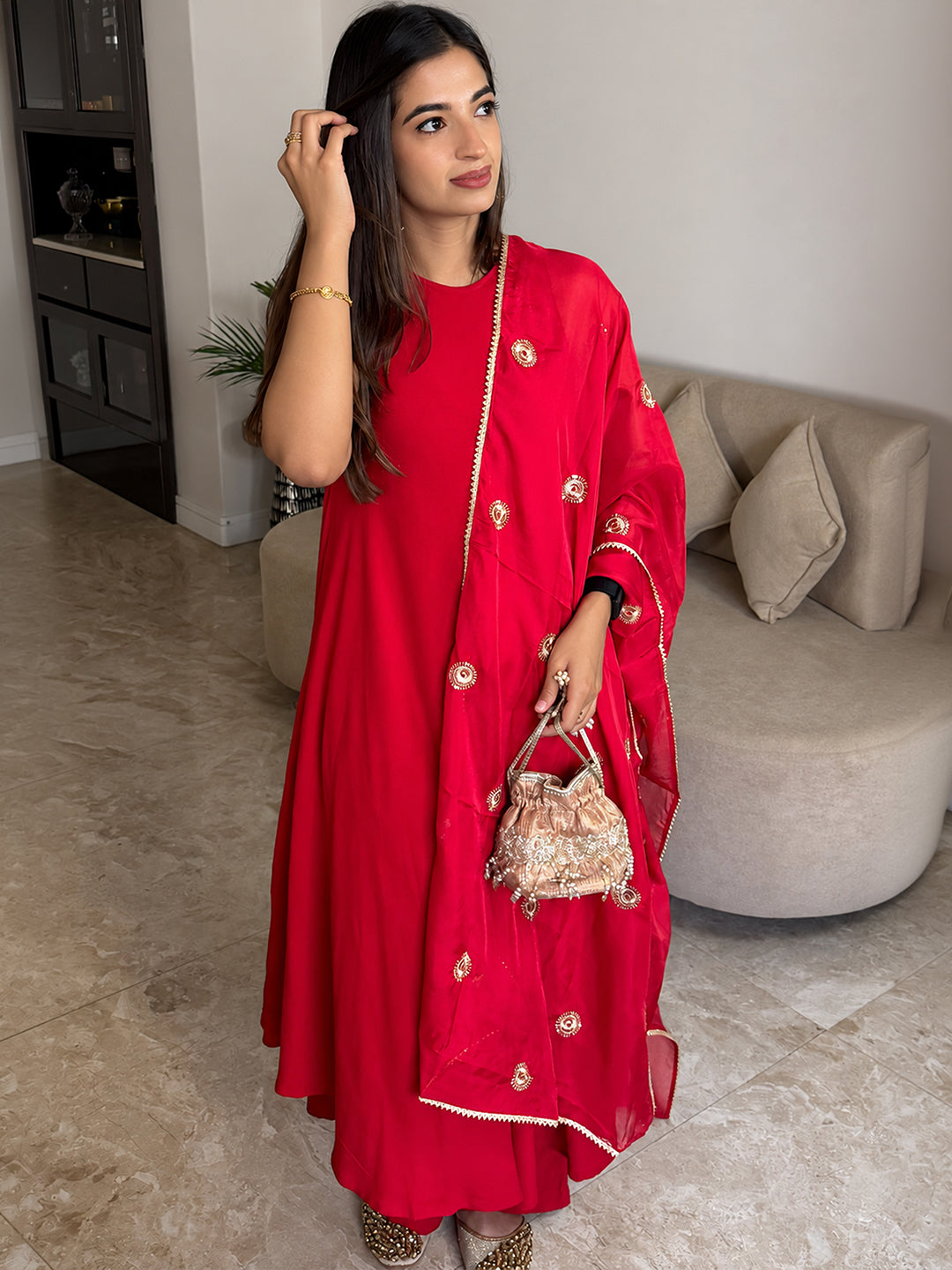 Janasya Women's Maroon Rayon Solid A-Line Flared Kurta Set with Embroidered Dupatta