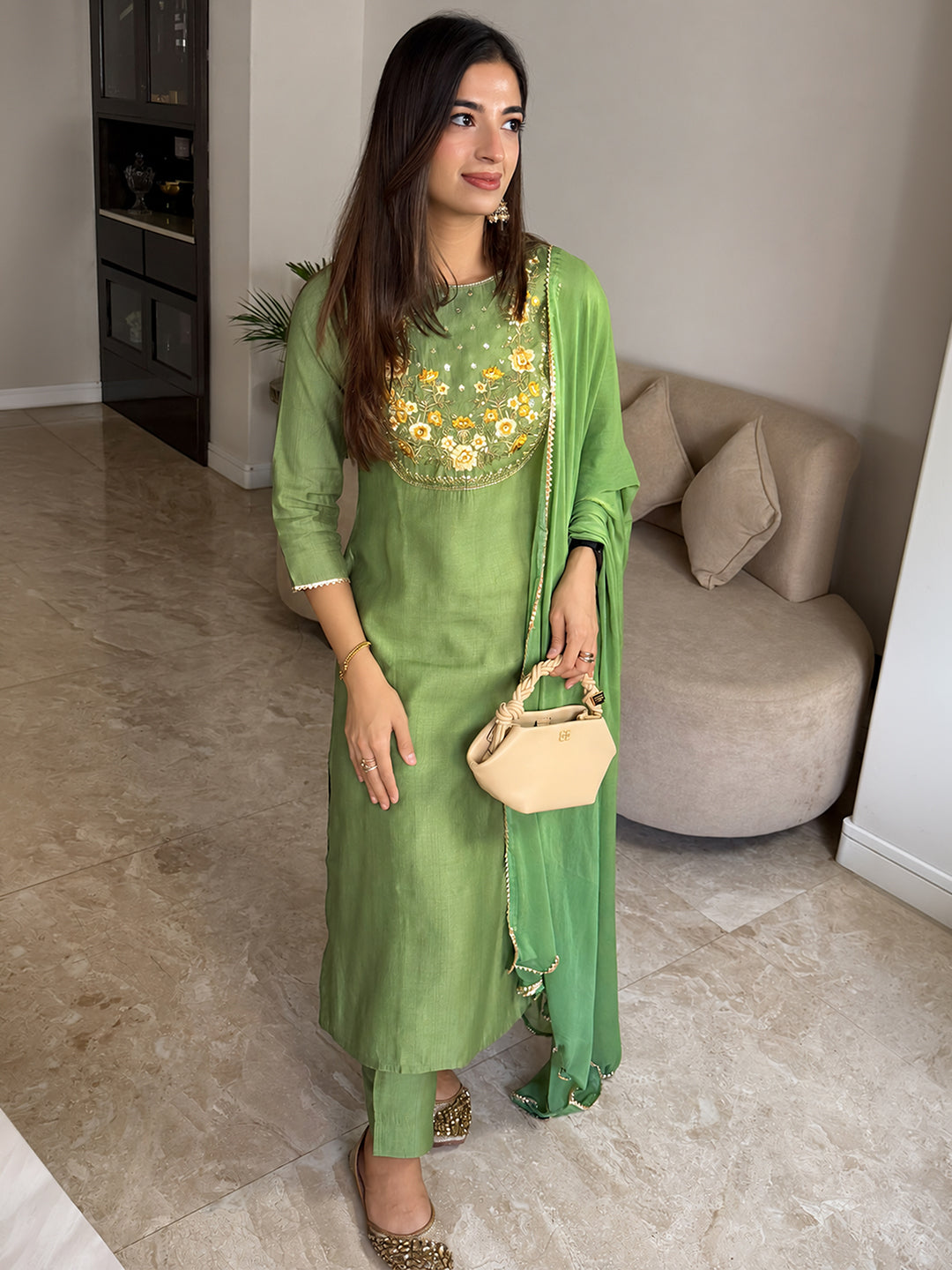 Janasya Women's Sage Green Silk Blend Zari Floral Yoke Embroidered Straight Kurta Set