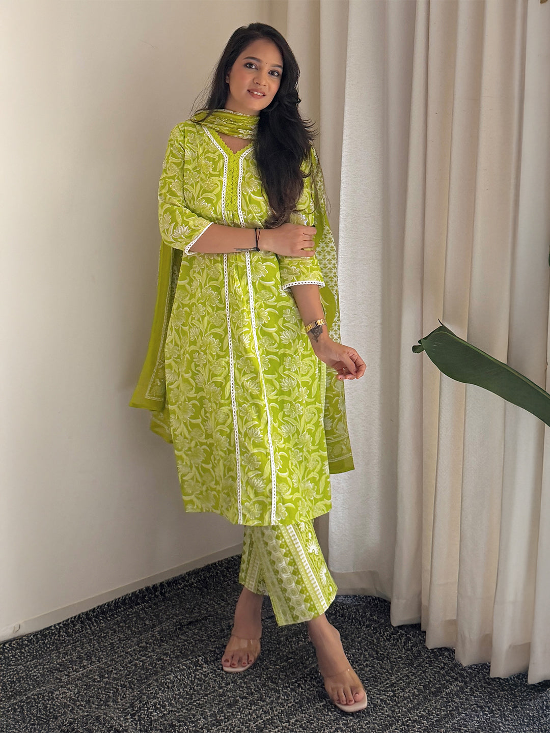 Janasya Women's Lime Green Pure Cotton Floral Printed Straight Kurta Set