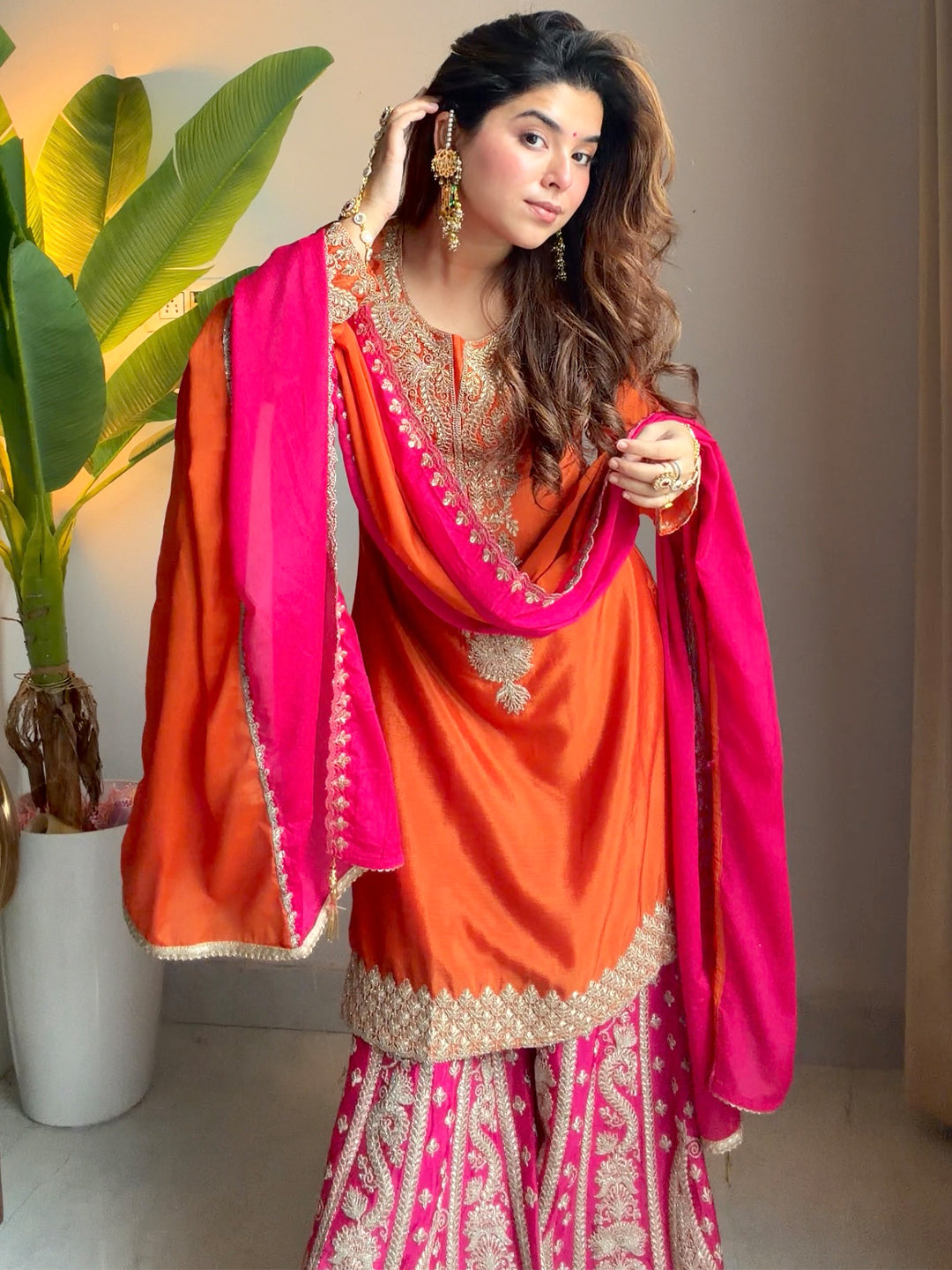 Janasya Women's Orange Silk Blend Floral Zari Embroidered Straight Kurta and Sharara Set with Dupatta