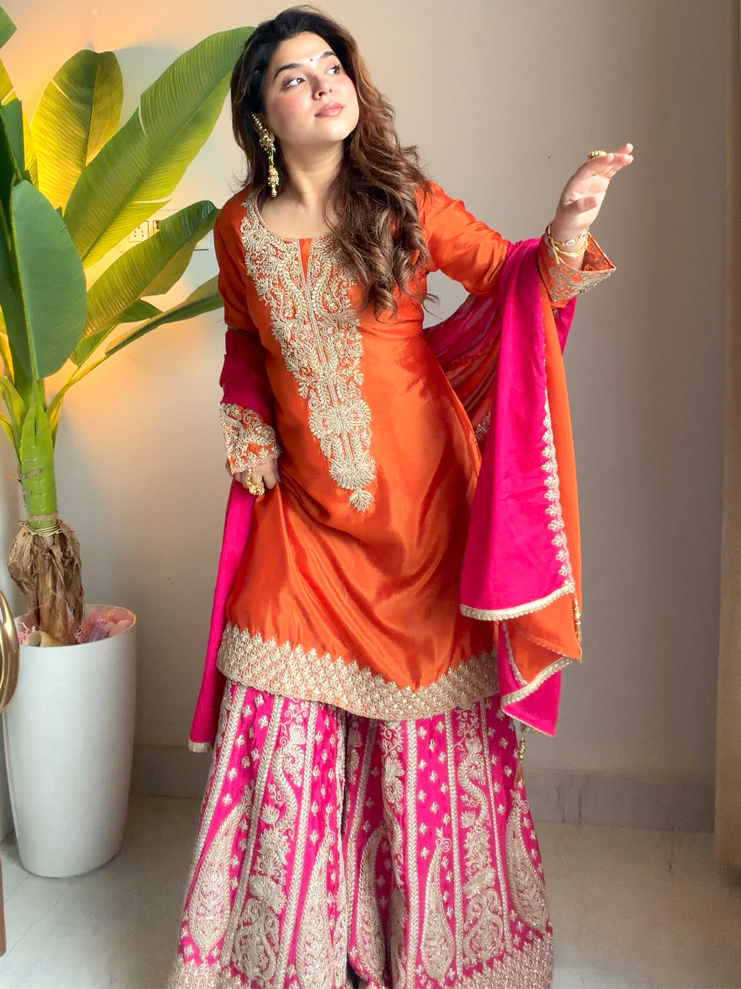 Janasya Women's Orange Silk Blend Floral Zari Embroidered Straight Kurta and Sharara Set with Dupatta
