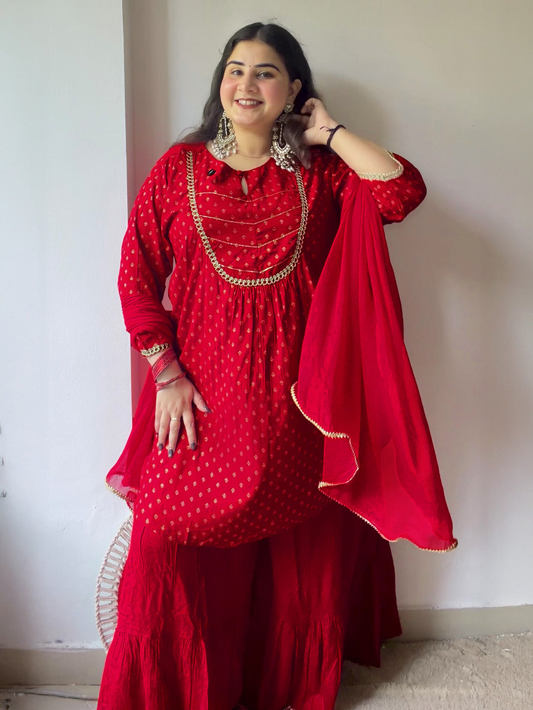Janasya Women's Red Rayon Embellished Gold Printed A-line Kurta With Sharara & Dupatta Set