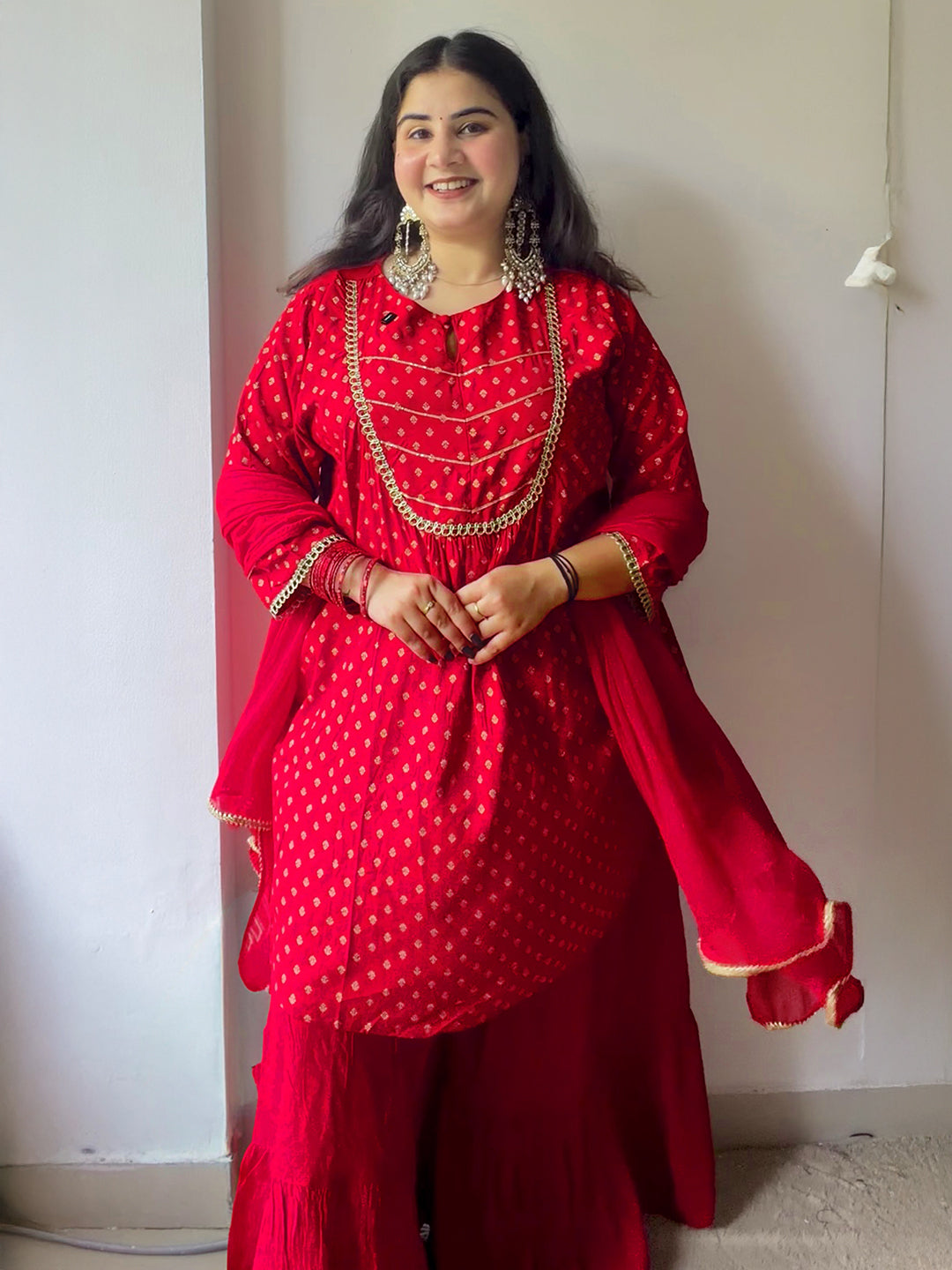 Janasya Women's Red Rayon Embellished Gold Printed A-line Kurta With Sharara & Dupatta Set